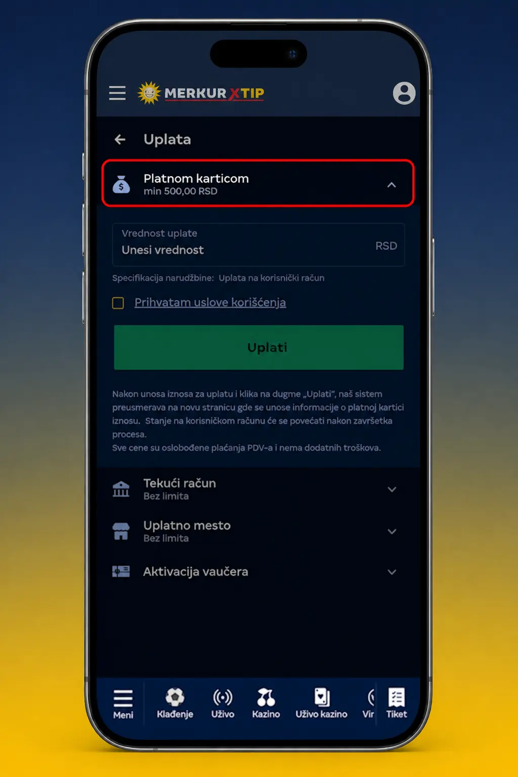 MerkurXtip depozit preko mobilne aplikacije - koraci za uplatu novca korišćenjem VISA, Mastercard, DinaCard ili ALLSECURE opcije