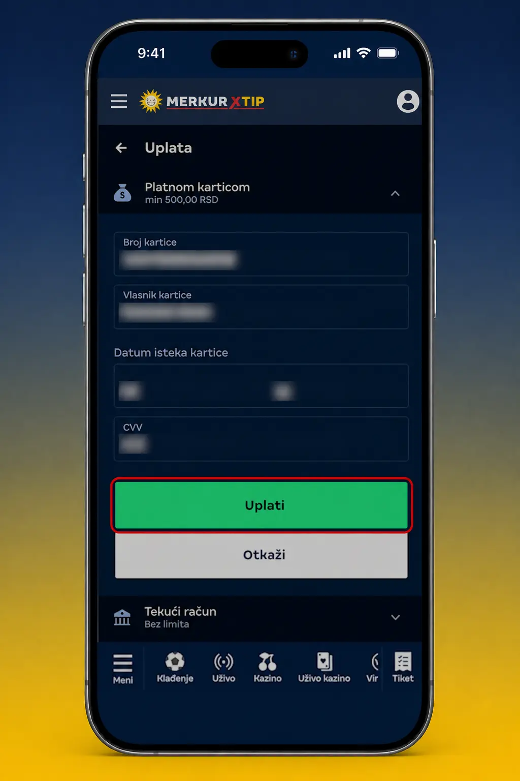 MerkurXtip depozit preko mobilne aplikacije - koraci za uplatu novca korišćenjem VISA, Mastercard ili DinaCard kartice